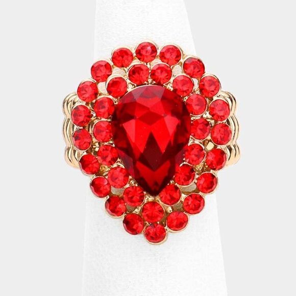 Crystal Red Teardrop Centered Bubble Cluster Stretch Ring - Picture 1 of 6